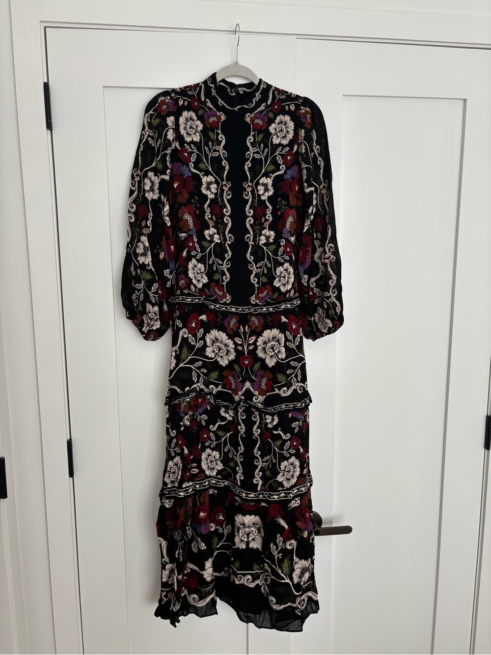 FARM Rio Black Floral Tiered Maxi Dress with Red & White Accents